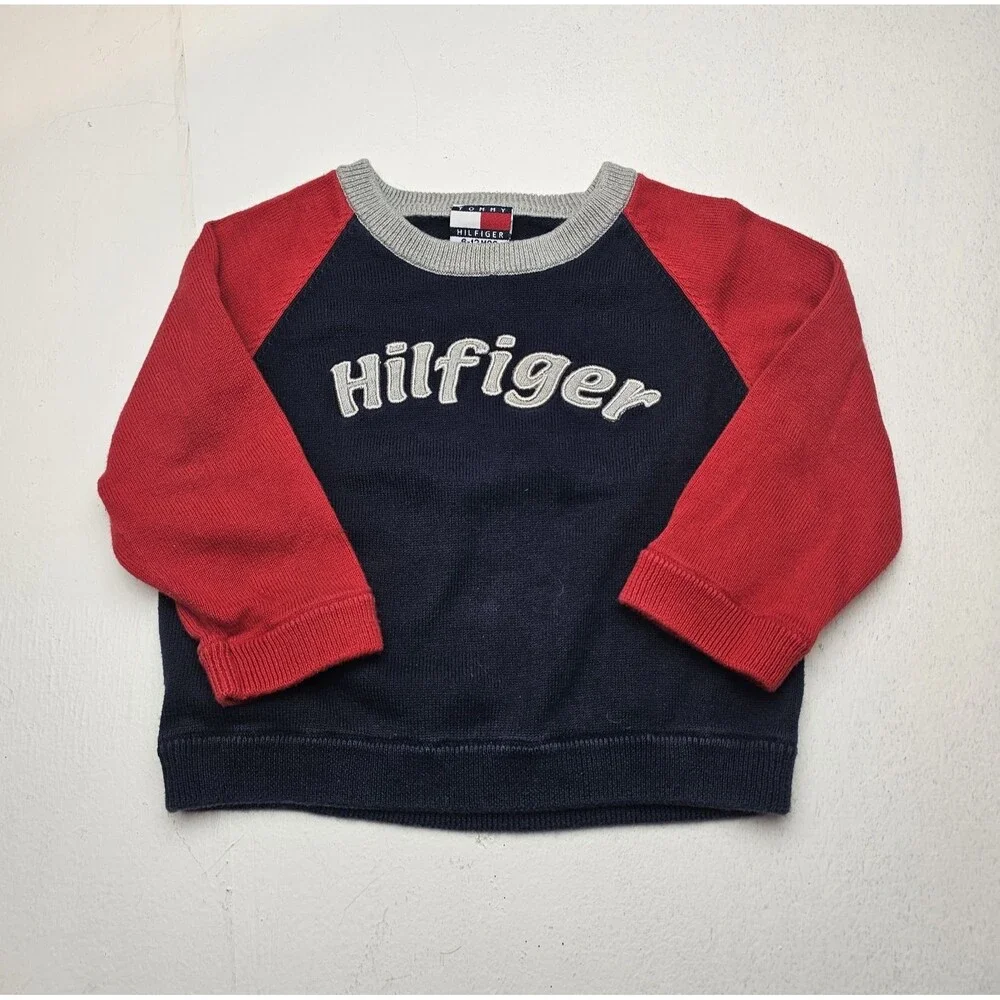 Vintage Tommy Hilfiger Baby Sweater 6-12M Navy/Red/Gray Colorblock Crew Logo